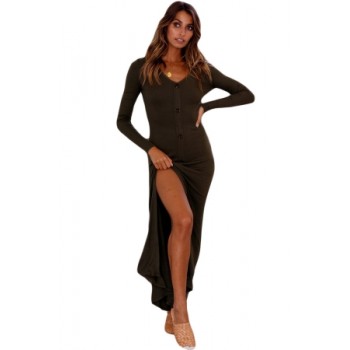 Olive Long Sleeve Button Down Slit Front Maxi Jersey Dress